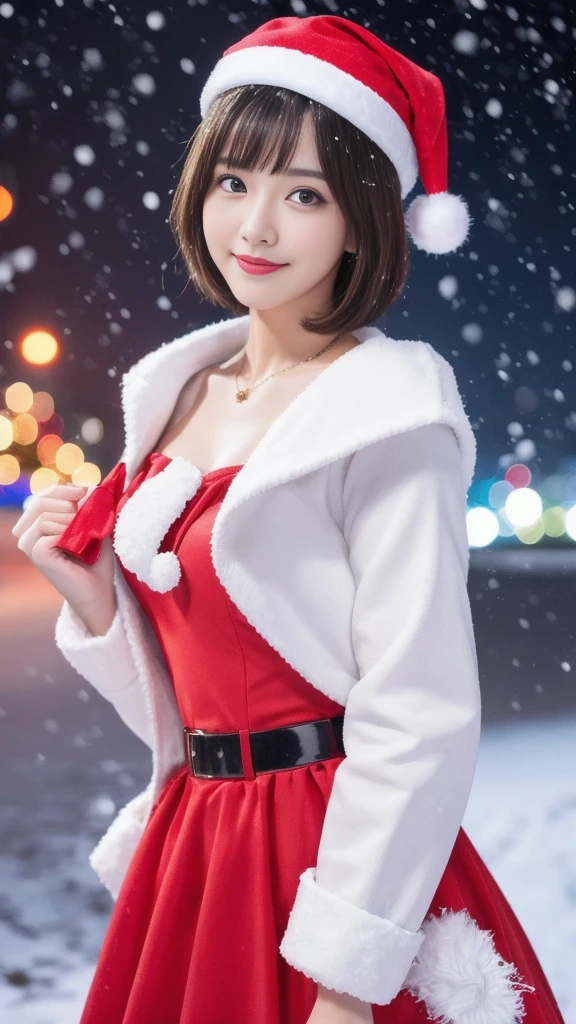 1girl, (santa claus costume slim fit:1.75), symmetry,(Cute ultra young girl:2.0),(ultra short hair:2.0), ultra big smile, (Beautiful large round droped detailed eyes:1.5), beautiful detailed lips, (extremely detailed beautiful face, natural makeup, Incredibly beautiful skin:2.0), (best quality,4k,8k,highres,masterpiece:2.0),(ultra-detailed,realistic,photorealistic,photo-realistic:1.75),professional,vivid colors,studio lighting on her face, (snowing night town,christmas eve:1.25)
