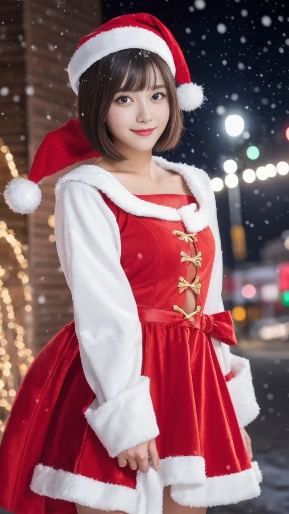 1girl, (santa claus costume slim fit:1.75), symmetry,(Cute ultra young girl:2.0),(ultra short hair:2.0), ultra big smile, (Beautiful large round droped detailed eyes:1.5), beautiful detailed lips, (extremely detailed beautiful face, natural makeup, Incredibly beautiful skin:2.0), (best quality,4k,8k,highres,masterpiece:2.0),(ultra-detailed,realistic,photorealistic,photo-realistic:1.75),professional,vivid colors,studio lighting on her face, (snowing night town,christmas eve:1.25)