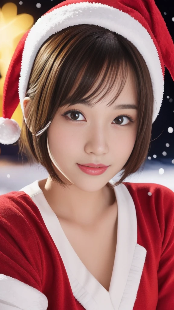 1girl, (santa claus costume slim fit:1.75), symmetry,(Cute ultra young girl:2.0),(ultra short hair:2.0), ultra big smile, (Beautiful large round droped detailed eyes:1.5), beautiful detailed lips, (extremely detailed beautiful face, natural makeup, Incredibly beautiful skin:2.0), (best quality,4k,8k,highres,masterpiece:2.0),(ultra-detailed,realistic,photorealistic,photo-realistic:1.75),professional,vivid colors,studio lighting on her face, (snowing night town,christmas eve:1.25)