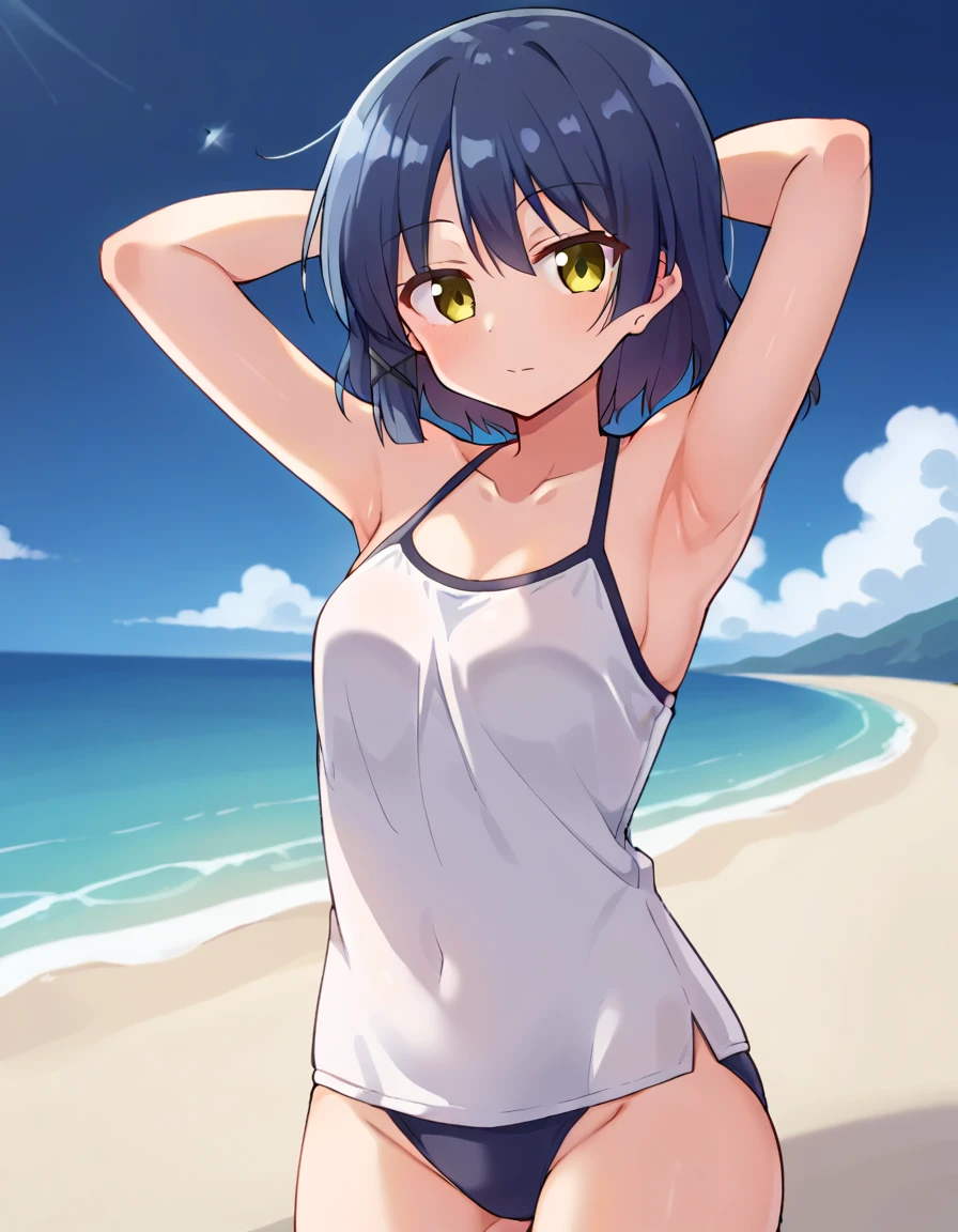 yamada-ryou, high quality, solo, 1girl, night sky, beach, arms behind head, (contrapposto), closed mouth, spread armpits, (cowboy shot:1.5), looking at viewer, best quality,
