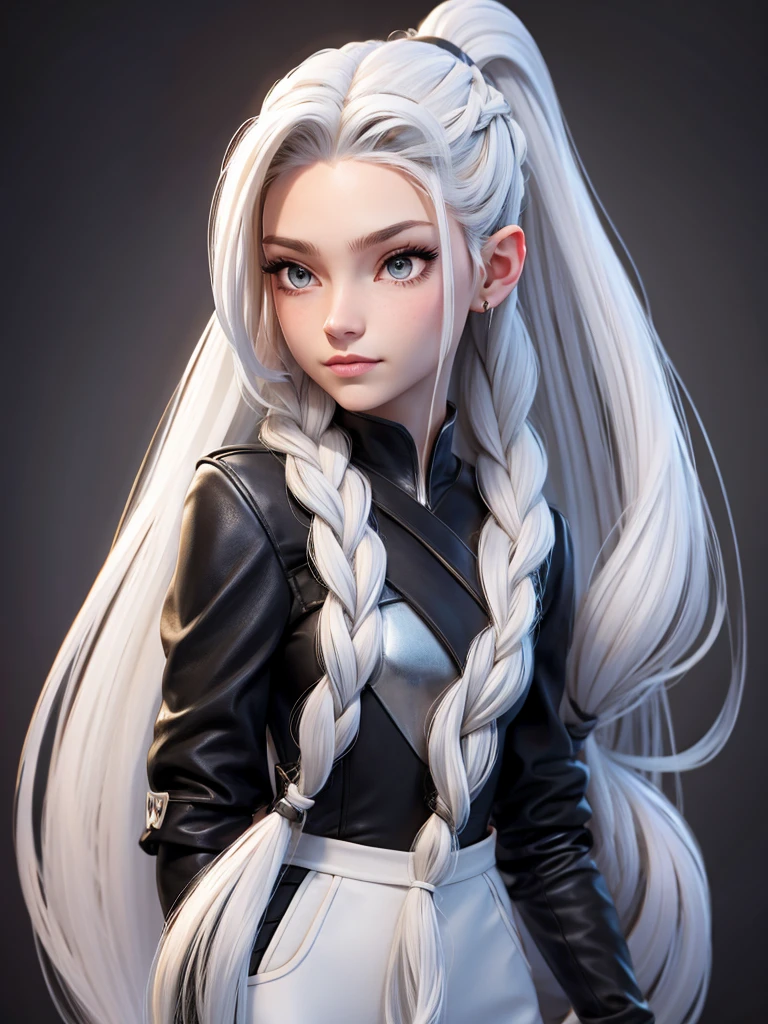 Millicent is a 21 year old young woman.., Tall and fit physique. He has light skin and gray eyes with small pupils... Long wavy white hair braided in a high ponytail with many small braids.. It has long and pointed ears. Described as an incredibly beautiful girl.. Prefers to wear black clothes., gray and white colors. 8k.