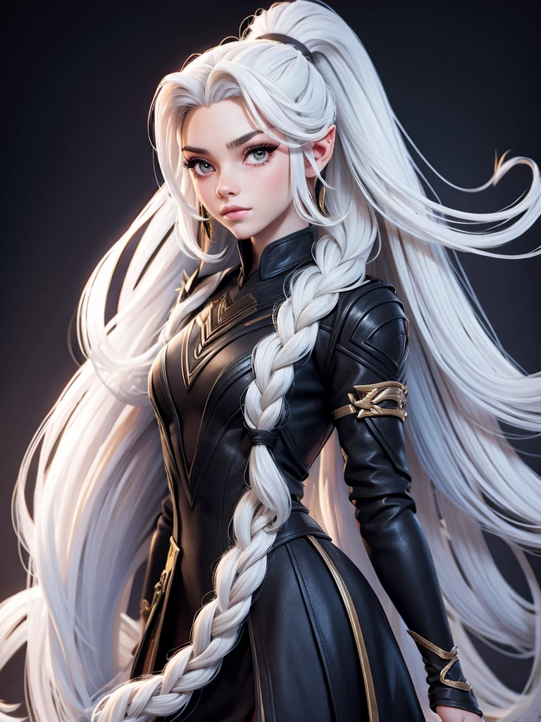 Millicent is a 21 year old young woman.., Tall and fit physique. He has light skin and gray eyes with small pupils... Long wavy white hair braided in a high ponytail with many small braids.. It has long and pointed ears. Described as an incredibly beautiful girl.. Prefers to wear black clothes., gray and white colors. 8k.