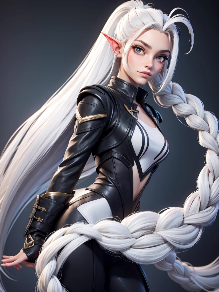 Millicent is a 21 year old young woman.., Tall and fit physique. He has light skin and gray eyes with small pupils... Long wavy white hair braided in a high ponytail with many small braids.. It has long and pointed ears. Described as an incredibly beautiful girl.. Prefers to wear black clothes., gray and white colors. 8k.