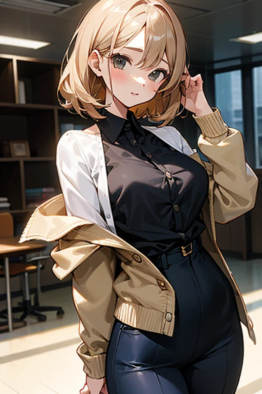 beautiful girl、Office Casual Fashion、ノースリーブのパーカー、チョーカー、ハンドカバー、Tight pants style、slender、Model Body Type、Ideal Style、 Slim and cute、No buttons、Put on a bolero、One off-the-shoulder brown cardigan、JK、high school girl