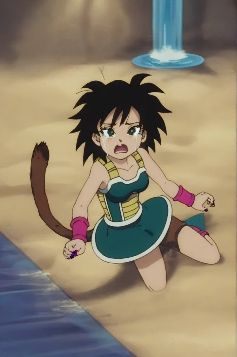 fountain_cheered up, score_9,score_8_above, score_7_above,  ginedb, cheered up screencap, 
1 girl, Alone, old, looking at the viewer, Open mouth, evening, black fur, sand, bare shoulders, medium old, dientes, black eyes, tearing above, nails, eyelashes, pink wristband, d:, saiyajin armadura, green skirt, Eyebrows, green saiyajin armadura, daylight, sexy butt, tight butt
 