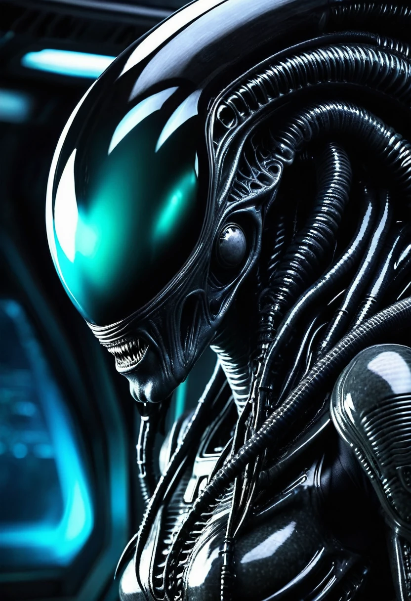 (((Extreme close-up Xenomorph Alien the eighth passenger))),(((black color))) surreal and cinematographic images Color Splash images))),(((Front Images))),(((dreadlocks)))