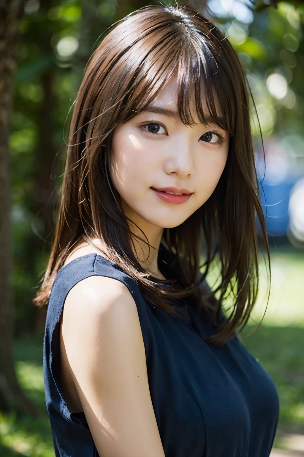 (8K、Raw photo、Highest quality、masterpiece:1.2)、(Realistic、Photorealistic:1.37)、Ultra-detailed、Ultra-high resolution、1 girl、Seeing the viewer、Beautifully detailed face、Laugh like a girl、narrow、(Slim waist) :1.3)、Blue clothes、Beautifully detailed skin、Skin Texture、Floating Hair、Professional Lighting、grassland、Human whole body、Brown Hair