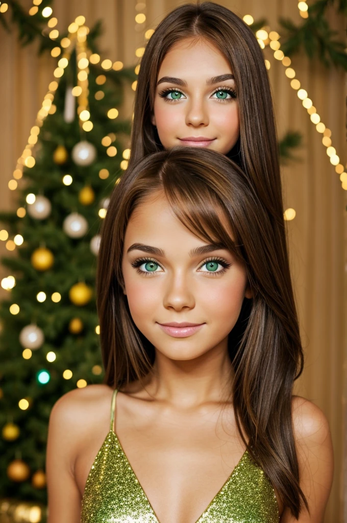 Girl with brown hair and straight hair, green eyes with brown mixed, made up with glitter, cartoon doing a party pose