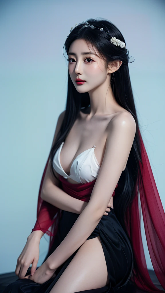 masterpiece, best quality, High resolution, 4K, Official Art,,An adult female，girl, full_breast, Plain tulle Hanfu，Amorous，Ink background，Ink splashes，The headdress is complex