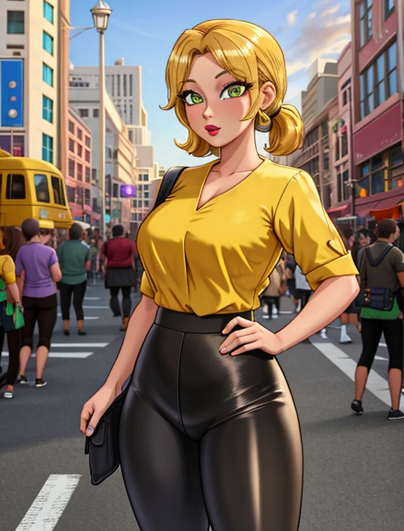 (best quality:1.3), (4K quality),masterpiece, best quality, high res, detailed, (Detailed face:1.2), (Detailed eyes:1.2), (Hourglass figure:1.2), 1girl, solo, 36-years-old, tan olive skin, short blonde hair, pony tail style, green eyes, eyeshadow, mascara, red lipstick, approximately 5'2" tall, ((Wearing a yellow blouse, shiny black leggings)), standing outside on Los Angeles streets, people in the surroundings, busy atmosphere, cinematic lighting, detailed background,