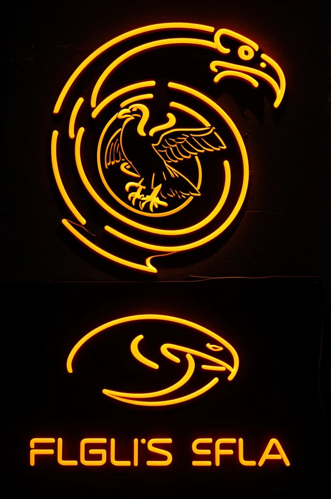 Create a logo that says FOSFO WITH THE WORDS IN ORANGE NEON COLOR SIMULATING LED LIGHTS WITH AN EAGLE BEHIND EATING A SNAKE ON A BLACK BACKGROUND