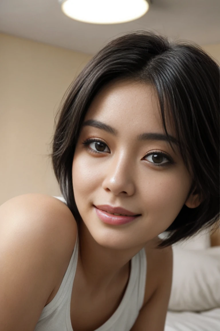masterpiece, 1 beautiful girl, on bed, medium perm hair, detailed eye, Puffy eyes, rim lights, Asian Beauty, white shirt, white skirt, straight short hair, hair messy, black hair, age 24, top-quality, high resolution, (Realisticity: 1.4), Super beauty, Beautiful skin, (A hyper-realistic), (hight resolution), (8K), (highly detailed), (beautifully detailed eyes), (ultra-detailliert), (wal 1-), (Natural smile).