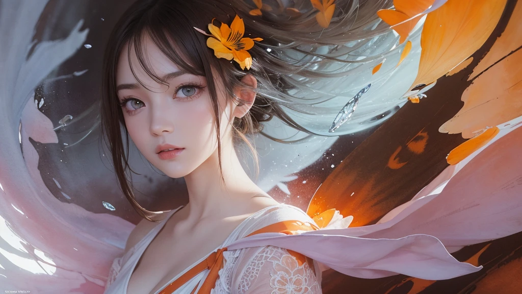 32k, Masterpiece, Highest quality, One girl, Detailed eyes, flower,Alstroemeria, White and orange style,A dreamy, romantic piece,Pale purple, Mysterious Leaves,A playful arrangement,Fantasy,High Contrast,Ink strokes,explosion,Exposure, Impression of white and orange tones,Abstract,((Watercolours by John Berkey and Jeremy Mann )) Brush strokes,Negative Space, Tyndall effect,