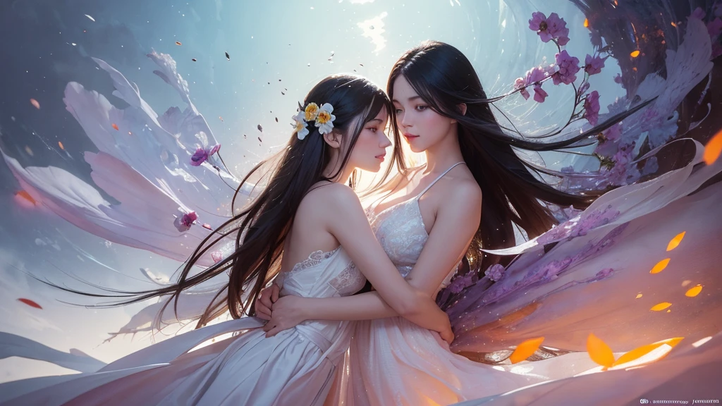 32k, Masterpiece, Highest quality, One girl, Detailed eyes, flower,Alstroemeria, White and orange style,A dreamy, romantic piece,Pale purple, Mysterious Leaves,A playful arrangement,Fantasy,High Contrast,Ink strokes,explosion,Exposure, Impression of white and orange tones,Abstract,((Watercolours by John Berkey and Jeremy Mann )) Brush strokes,Negative Space, Tyndall effect,