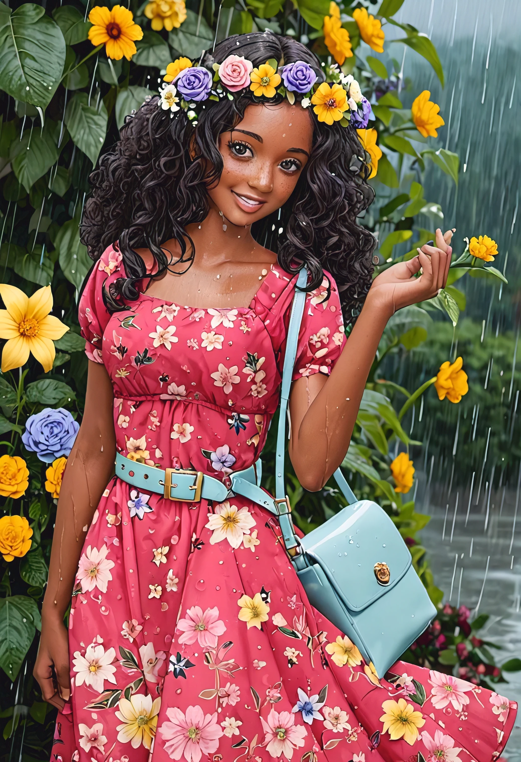 1girl, solo, long hair, blush, smile, black hair, hair ornament, dress, collarbone, flower, short sleeves, parted lips, belt, artist name, hair flower, dark skin, bag, dark-skinned female, leaf, floral print, red dress, plant, white flower, red flower, pink dress, facing viewer, pink flower, freckles, blue flower, curly hair, shoulder bag, yellow flower, purple flower, head wreath, orange flower, print dress, (((dancing in the rain)))
