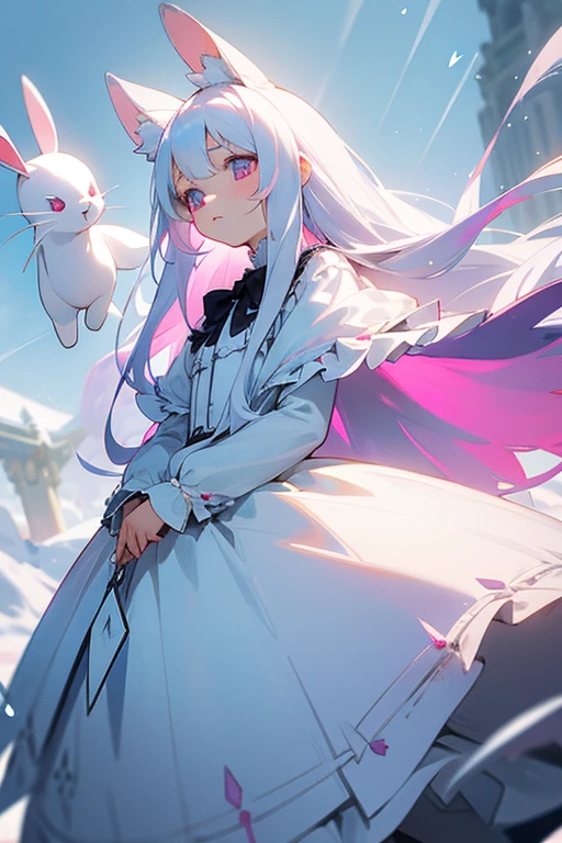 A young girl with long straight white hair。Droopy eyes and ephemeral appearance、Ice blue and pink odd eyes。A princess with the ability to control snow。spirit。sacred、beautiful、cute Lolita Dresses、I like rabbits