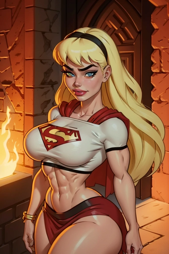 WITH YOUR BACK TO THE CAMERA,((ultra quality)), ((masterpiece)), supes, cute smile, smile, ((long blonde hair)), (Beautiful face), (beautiful female lips), (), charming, ((sexy facial expression)), (white skin color), (white skin), glare on the body, ((detailed beautiful female eyes)), ((dark brown eyes)), (juicy female lips), (dark eyeliner), (crop top, midriff, cape )(((headband))), (((red long skirt))), wide eyebrows, abs, slanted green eyes, makeup eyelids, big cheekbones, thin cheeks, defined jaw, (beautiful female hands), ((ideal female figure)), ideal female body, beautiful waist, gorgeous thighs, beautiful huge breasts, cleavage,((subtle and beautiful)), sexy worth