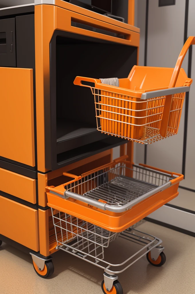 Orange color 3d technologist shopping cart coming out of computer