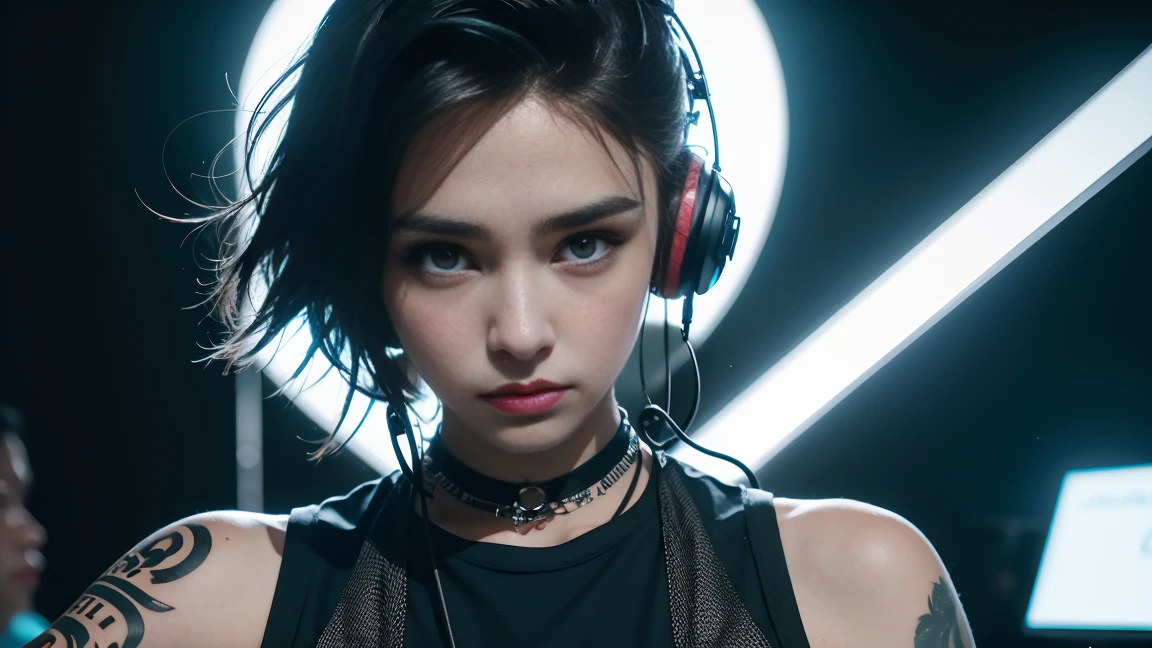 techno music, house music, dancing girls, DJ girl, Hang the headphones from her neck, realistic, high res, tank top, tattoos, piercing, brads, live music, class, Nightclub DJ, Dancing Inspired, Looking at Camera, Wide shooting, cinema lens, skin glowing,