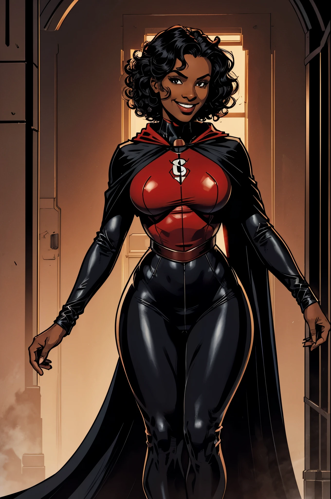 Cardinal, a gorgeous woman with (dark skin) wearing a modest black and red bodysuit, long sleeves, leggings.  Athletic, huge breasts, wide hips. Short curly black hair, batons. Smiling. Mini cape.  Confident.