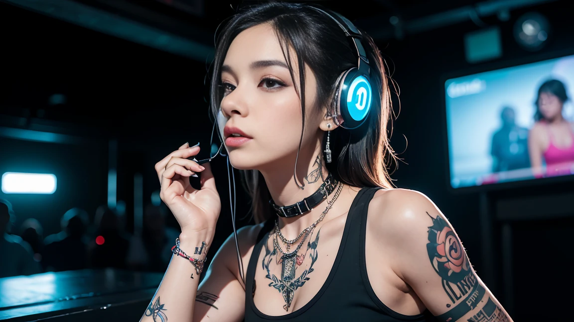 techno music, house music, dancing girls, DJ girl, Hang the headphones from her neck, realistic, high res, tank top, tattoos, piercing, brads, live music, class, Nightclub DJ, Dancing Inspired, Looking at Camera, Wide shooting, cinema lens, skin glowing,