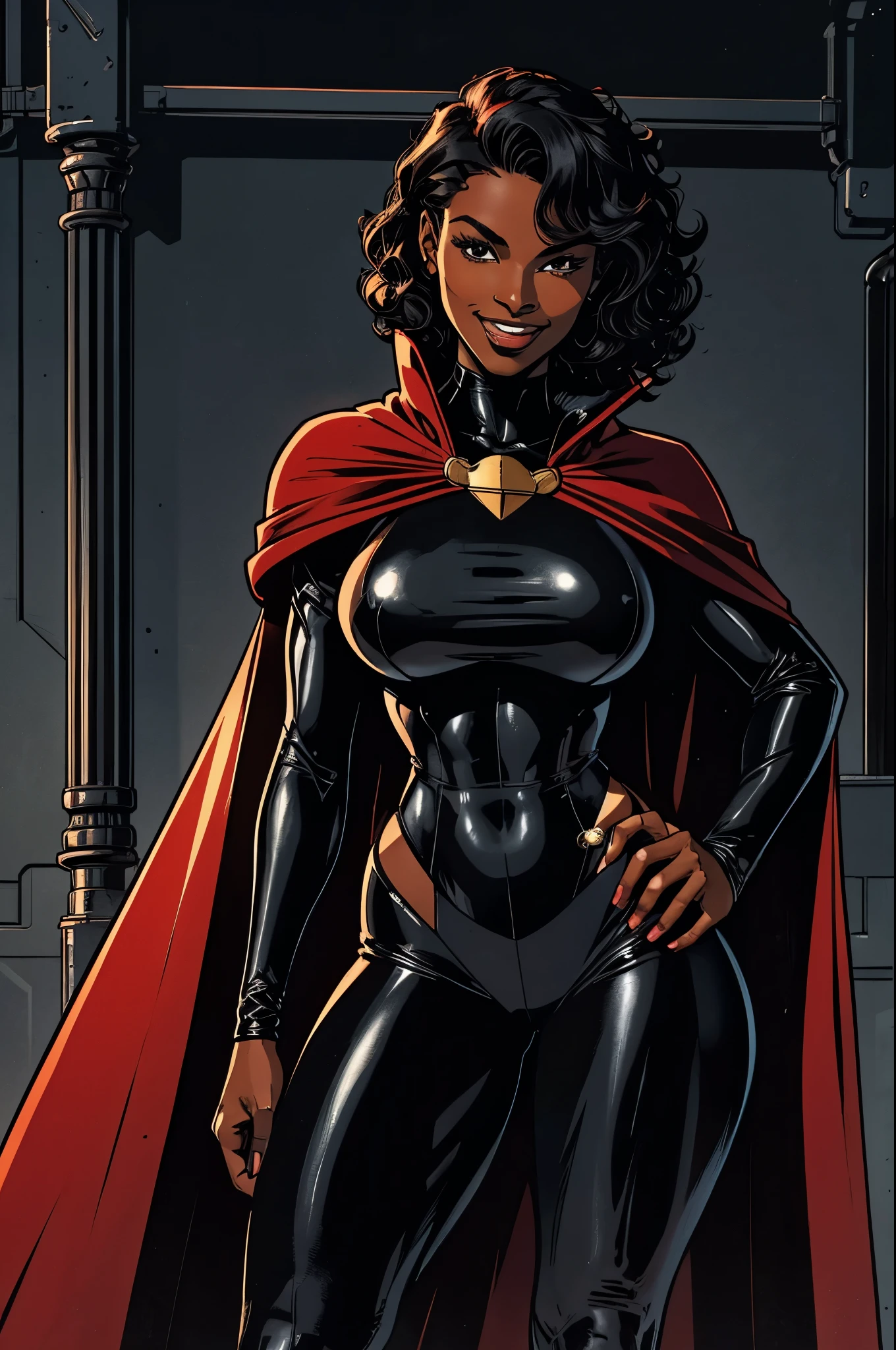 Cardinal, a gorgeous woman with (dark skin) wearing a modest black and red , long sleeves, leggings.  Athletic, huge breasts, wide hips. Short curly black hair, batons. Smiling. Mini cape.  Confident.