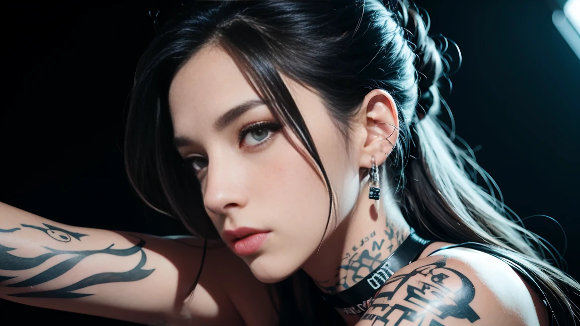 techno music, house music, dancing girls, DJ girl, Hang the headphones from her neck, realistic, high res, tank top, tattoos, piercing, brads, live music, class, Nightclub DJ, Dancing Inspired, Looking at Camera, Wide shooting, cinema lens, skin glowing,