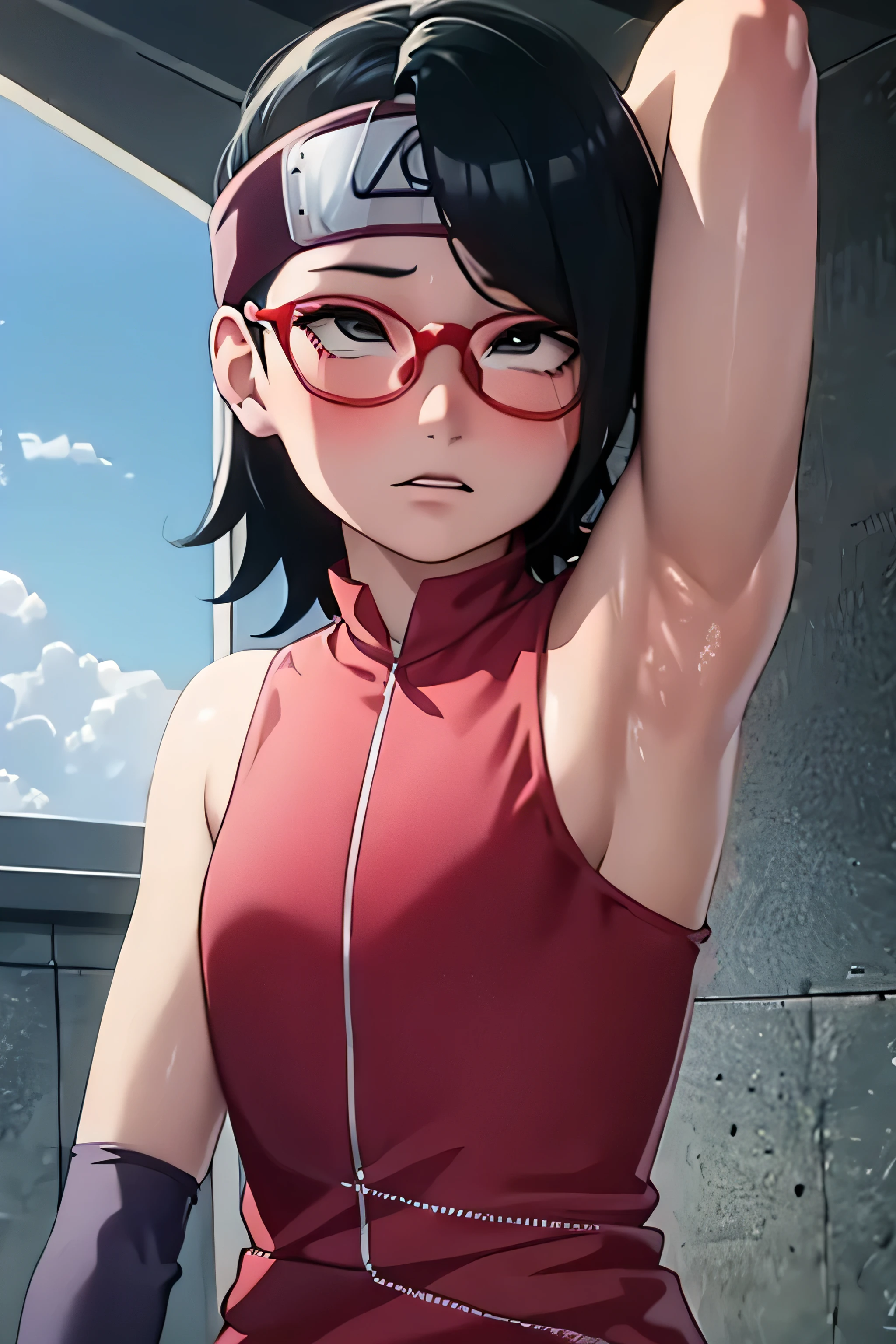 anime screencap, sarada uchiha, sarada, 1girl,solo, wavy black hair, wavy short hair, wavy hair, wavy hairstyle, black eyes,moderately sized breasts,armpits,wet armpits, showing wet armpits, armpit,armpits,sweat,sweaty,sweaty armpits,awesome armpits,tired,exhausted,arms up,red rimmed glasses,blackish arm warmers