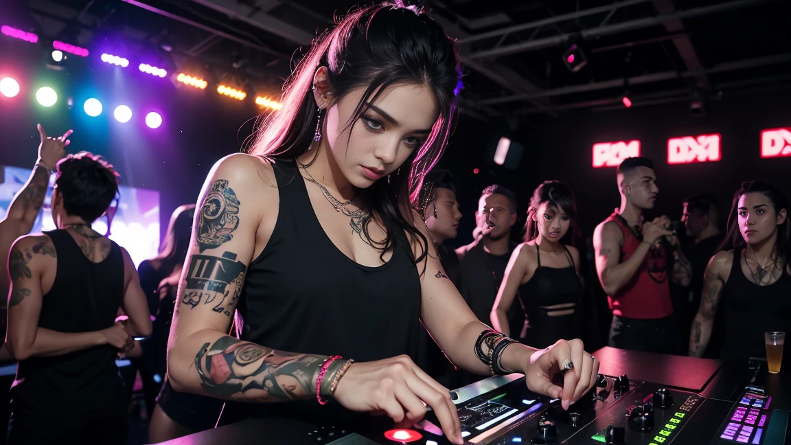 techno music, house music, dancing girls, DJ girl, realistic, high res, tank top, tattoos, piercing, brads, live music, class, Nightclub DJ, Dancing Inspired, Looking at Camera, Wide shooting, cinema lens, skin glowing,