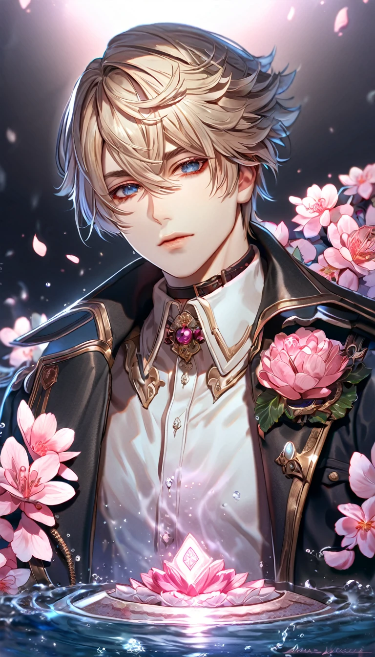 absurdres, highres, ultra detailed, HDR, master piece, best quality, extremely detailed face, delicated features, Julius Visconti, ash-blonde messy hair, short hair, hair that has bangs hanging on the left side, hair between the eyes, God Eater 2, solo, sexy man, handsome, a black collar with gold buckle, black coat, with gold accents, white shirt, water, blossoms, pink flowers, pink butterflies, fantasy, magic, radiant