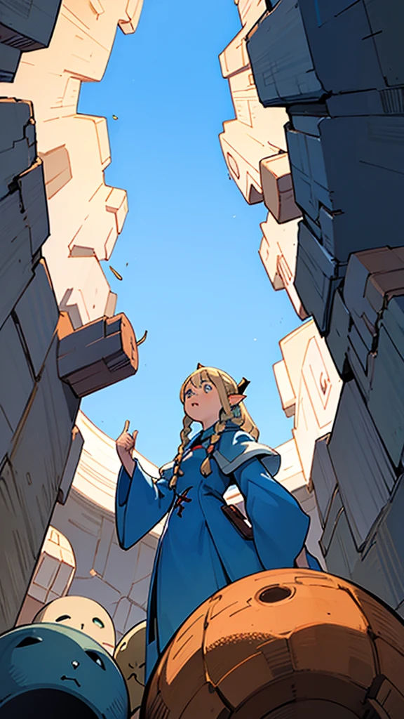 Looking up at the sky from the bottom of a vertical hole、In the dungeon、Marsil、Wizard、Costumes、Girl。
