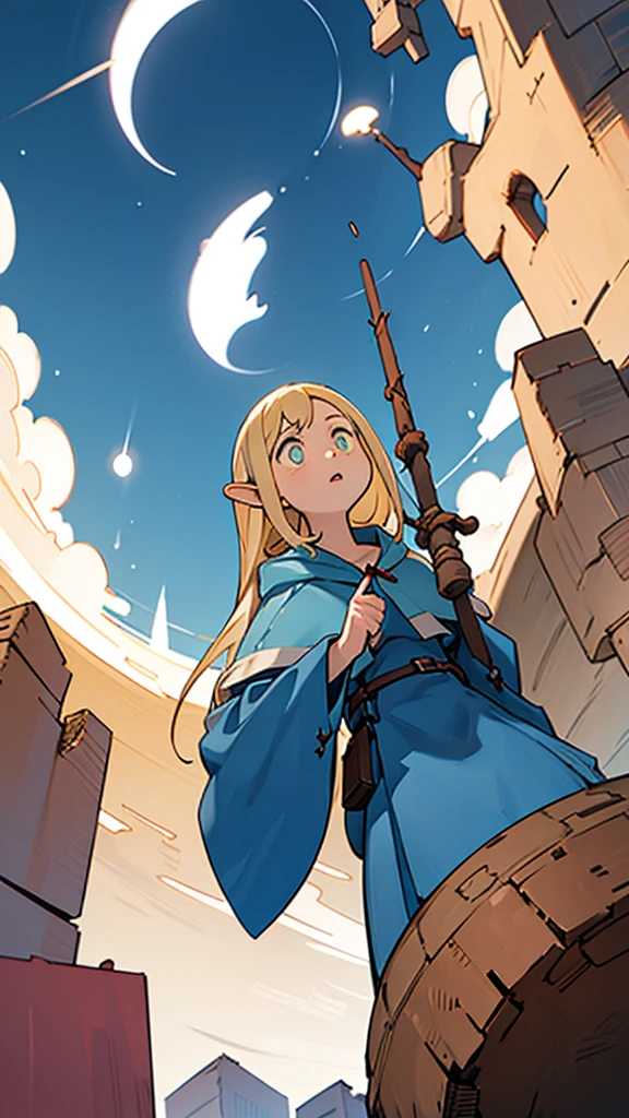 Looking up at the sky from the bottom of a vertical hole、In the dungeon、Marsil、Wizard、Costumes、Girl。