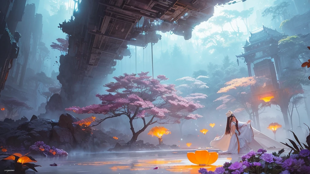 32k, Masterpiece, Highest quality, One girl, Detailed eyes, flower,Alstroemeria, White and orange style,A dreamy, romantic piece,Pale purple, Mysterious Leaves,A playful arrangement,Fantasy,High Contrast,Ink strokes,explosion,Exposure, Impression of white and orange tones,Abstract,((Watercolours by John Berkey and Jeremy Mann )) Brush strokes,Negative Space, Tyndall effect,