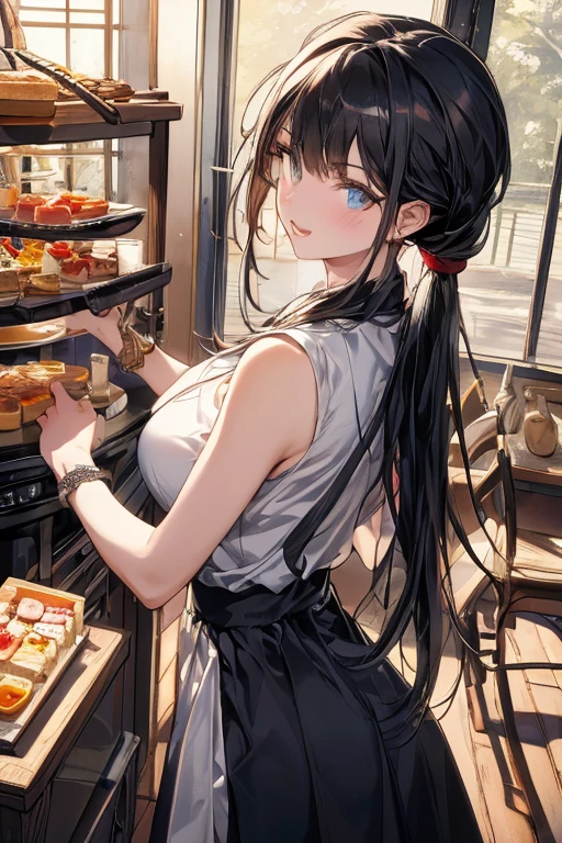 (dynamic angle:1.3, front view:1.1, breast focus:1.3, from above:1.1), (dynamic posing:1.2, sexy posing:1.2), (seductive smiling:1.3), ((looking at cake,Taking a cake out of the golden oven, worried about the outcome:1.2)),highest quality、(real、photorealistic:1.4),(ultra high resolution, 8K RAW photo, clear focus), best qualtiy, natural lighting, field depth, (Bright pupils, detailed beautiful eyes, high detailed face), Red lip, (tight focus:1.2), a girl 22yo old, Wearing a pastry chef uniform:1.3 , Thicc, thin breast, long hair, blue eyes,garter stocking, cleavage:1.2, midriff, black shorts, black thighhighs, thigh strap, pretty girl, (highly detailed beautiful face and eyes,firm breasts),real skin,((black,hair,long pony tail hair)),thin pubic hair,cute,lovely, detailed eyes,(double breasted:1.0,under bust:1.0),(with sparkling eyes and a contagious smile),open mouth, Looking at Viewer,A scene of cooking in the kitchen,looking at the golden oven
