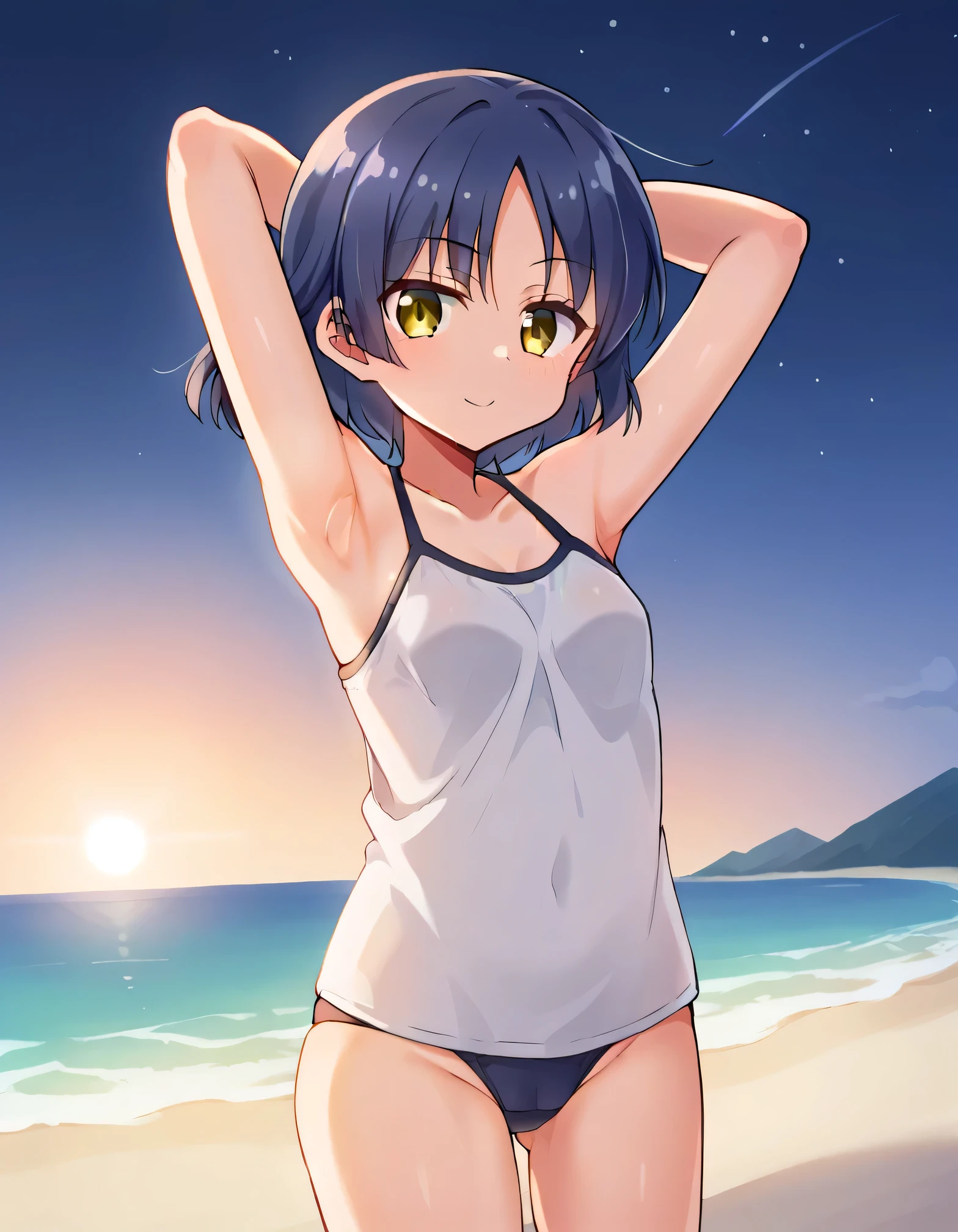 yamada-ryou, high quality, solo, 1girl, night sky, beach, arms behind head, (contrapposto), closed mouth, spread armpits, (cowboy shot:1.5), looking at viewer, best quality,