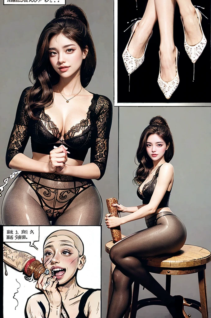 The beautiful girl in lace top and leggings is sitting astride a pile of skeletons in the center of the picture. She is holding a trembling sausage with juice squeezed out in her hand and smiling. There are multiple comic storyboards in the background，cbt, sausage bondage,sausage insertion,Sexy, trampling sausage with high heels heel,(masterpiece, best quality:1.2)，1 beautiful girl,sexy，comic storyboard:2, leggings, sit astride, axially symmetrical:2, ,femdom，sounding，cbt，hold，smile，colorful，leggings，thin gap，cameltoe，insertion，trembling，juice，spray， Long hair,Lace top,Sexy, Shiny leggings, High heel，cleveage, trampling, in forest, saliva , Mucus，