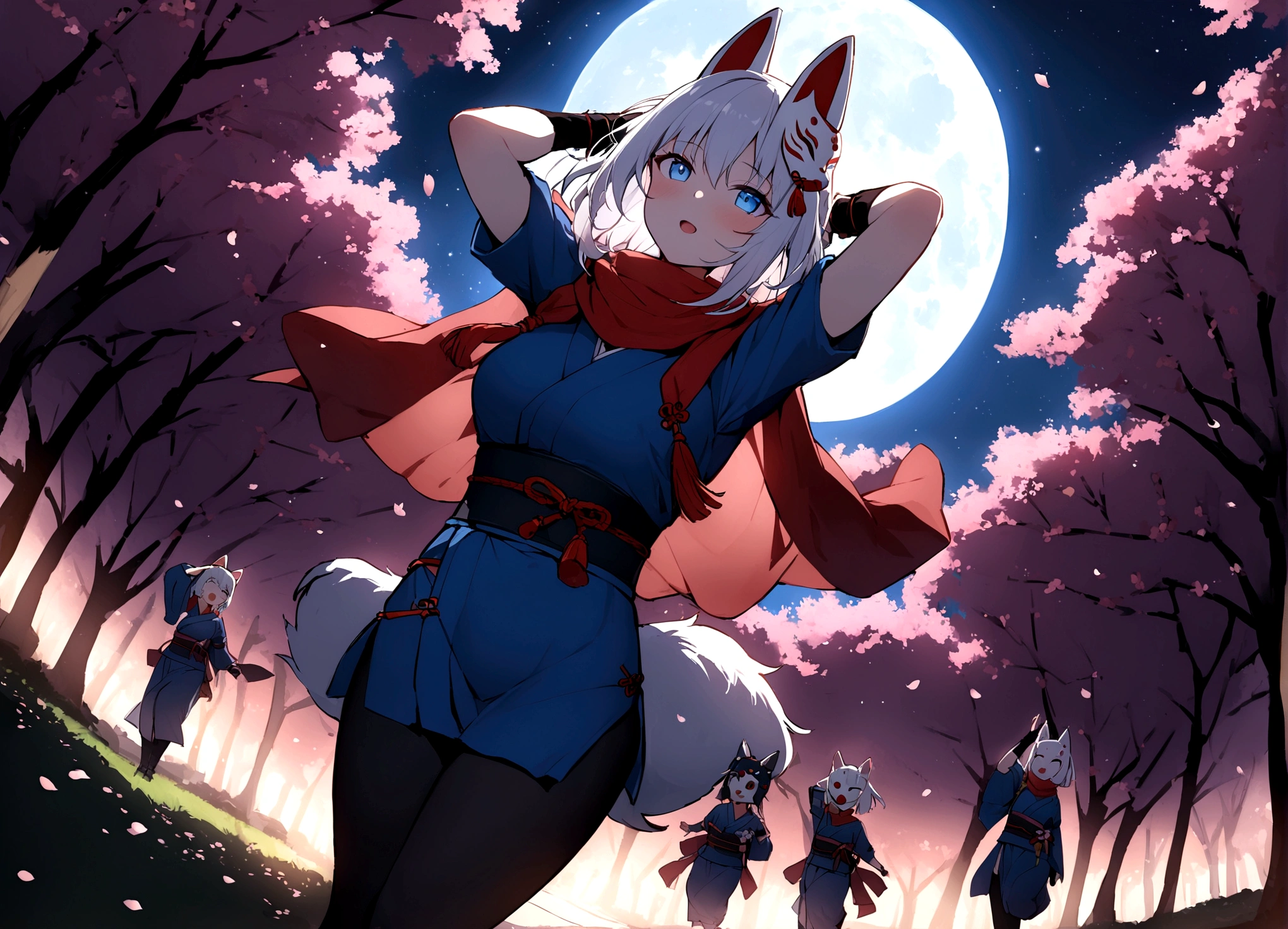 (masterpiece, best quality:1.2), 1girl, 独奏,Wolf girl, fox mask, ninja, girl, long white hair, odd eyes, blue kimono, ninja girl, red and blue scarf,Dancing Cherry Blossoms,Full moon backlighting, light coming in, fantastic atmosphere.Kyoto、Starry sky and full moon、Black fox mask、Fisheye Lens、Dynamic Angles、Shinobi no Sato、Cherry tree in full bloom、Cherry Blossoms at Night、festival、Looking up