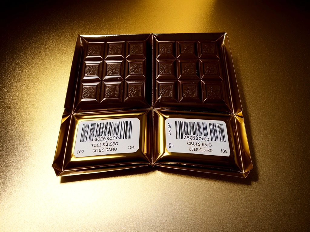 Depict a semi-opened chocolate bar revealing a golden ticket nestled within its folds. Capture the anticipation and delight of discovering this prized possession, with the chocolate's glossy texture and golden foil gleaming under soft lighting. Emphasize the contrast between the decadent chocolate and the shimmering allure of the ticket, inviting viewers into a world of sweet surprises and dreams fulfilled.