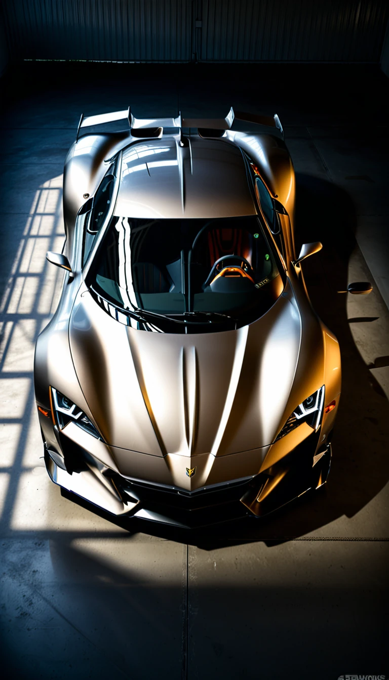 Futuristic sports car, minimalist garage, sleek design, metallic paint, studio lighting, by WETA Workshop and Vehicle Design, artstation, hyperrealistic, (shadows:1.5) for depth, (reflections:1.5) on the car body