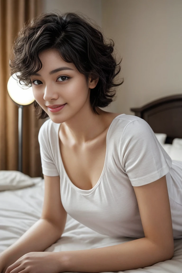masterpiece, 1 beautiful girl, on bed, medium perm hair, detailed eye, Puffy eyes, rim lights, Asian Beauty, white shirt, white skirt, straight short hair, hair messy, black hair, age 24, 
top-quality, high resolution, Realisticity: 1.4, Super beauty, Beautiful skin, (A hyper-realistic), hight resolution, 8K, highly detailed, beautifully detailed eyes, ultra-detaillier, wal 1-, Natural smile