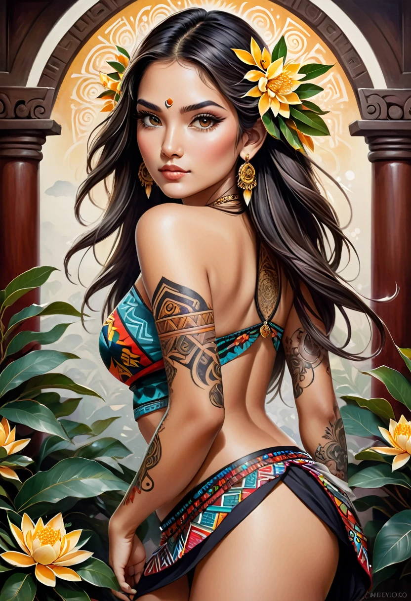 A Latin beauty , charming temperament, traditional flowy aztec skirt, clear face, pretty eyes, surrounding osmanthus, proportional masterpiece of perfect body structure, super detailed, epic composition, color tattoo art, new traditional tattoo art, SD Tattoo Design., color tattoo art, mysterious warm and friendly atmosphere, Hyperrealistic painting, super HD, high quality, of the highest quality, 32k --v 6

