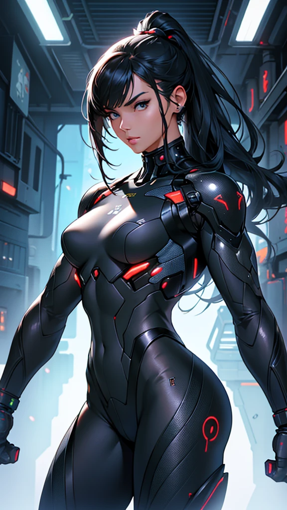 Beautiful cybernetic girl detailed muscles realistic masterpieces full figure pose (best quality,ultra-detailed), dfferent hairs styles,fair skin, fit body, slim figure, narrow waist, large buttocks, (cocky expression), wearing a full carbon fiber cybernetic mobile battle suit