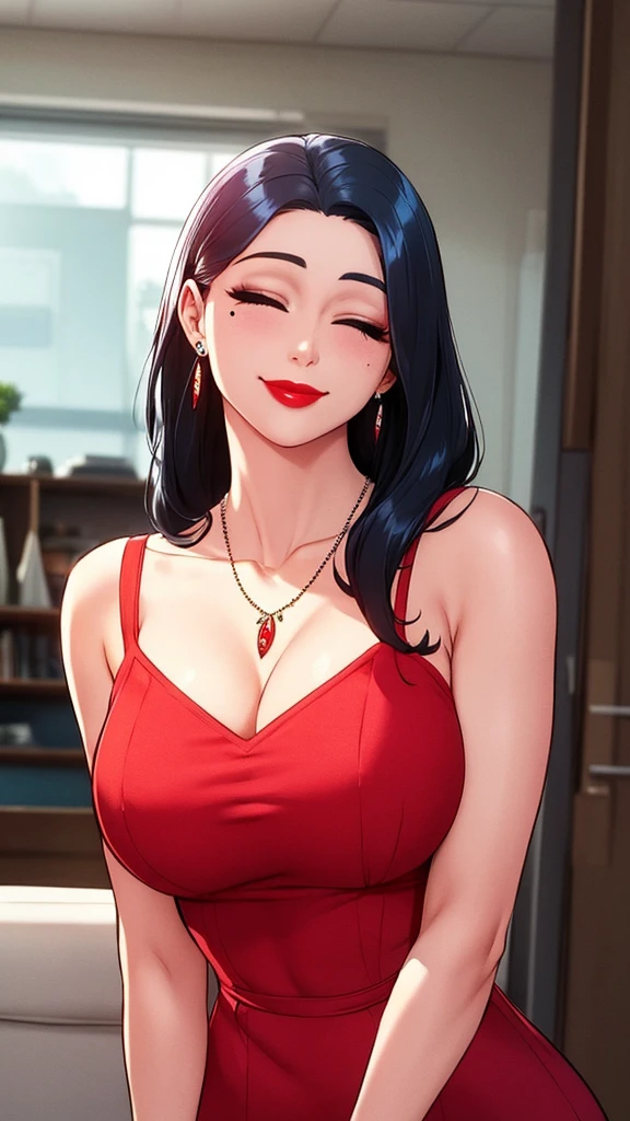 1girl,solo,long hair,smile,black hair,dress,jewelry,closed mouth,closed eyes,upper body,earrings,necklace,mole,blurry,eyelashes,mole under eye,makeup,red dress,lipstick,realistic,red lips