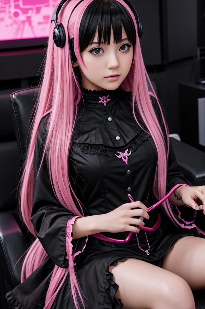 Anime girl playing video games gothic pink and black clothes