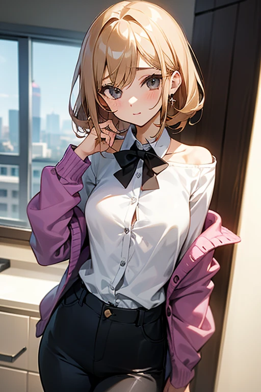 beautiful girl、Office Casual Fashion、ノースリーブのパーカー、チョーカー、ハンドカバー、Tight pants style、slender、Model Body Type、Ideal Style、 Slim and cute、No buttons、Put on a bolero、One off-the-shoulder brown cardigan、JK、high school girl