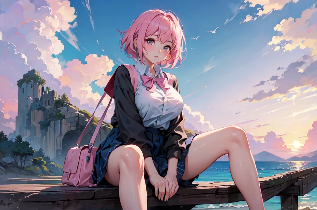 ((Highest quality)), ((masterpiece)), (detailed), From below, Pink Bob Hair, Beautiful school girl, Plump breasts, , Sitting on the shore, Spread your legs, View your viewers, beautiful pink sky and clouds,