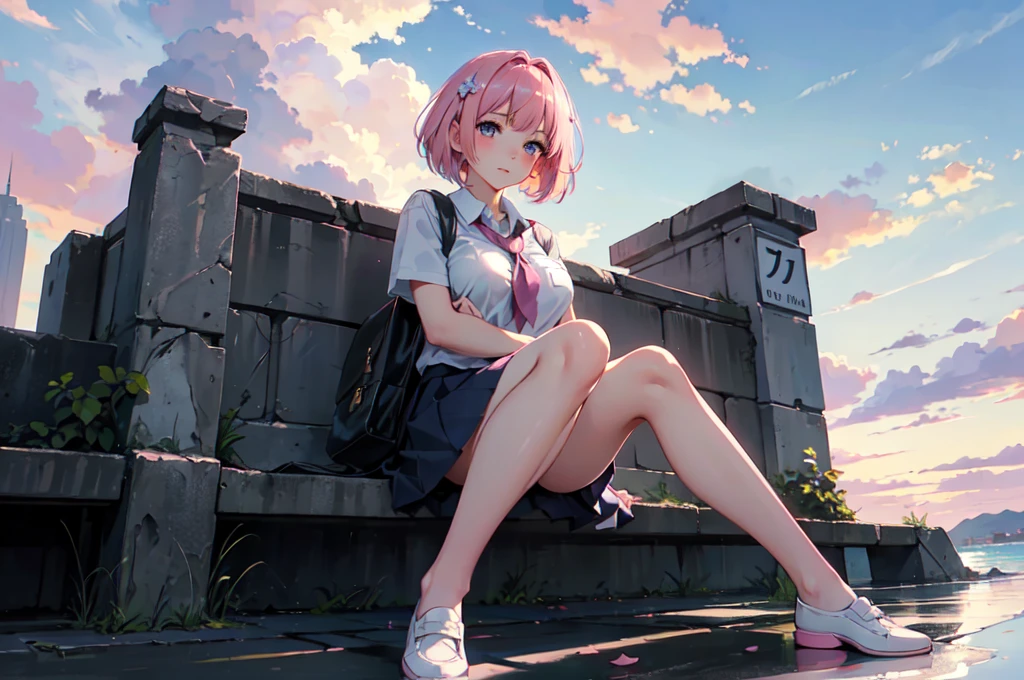 ((Highest quality)), ((masterpiece)), (detailed), From below, Pink Bob Hair, Beautiful school girl, Plump , , Sitting on the shore, Spread your legs, View your viewers, beautiful pink sky and clouds,