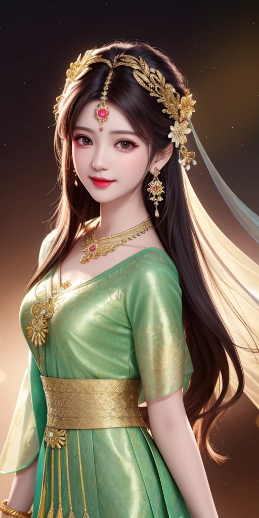 best quality, masterpiece, highres, 1girl, transparent silk batik dress, beautiful face, hair ornament, looking at viewer, smile, closed mouth,lips, dress,hair ornament, necklace, jewelry, long hair, earrings, Beautiful face,upon_body, tyndall effect,photorealistic, dark studio, rim lighting, two tone lighting,(high detailed skin:1.2), 8k uhd, dslr, soft lighting, high quality, volumetric lighting, candid, Photograph, high resolution, 4k, 8k, Bokeh