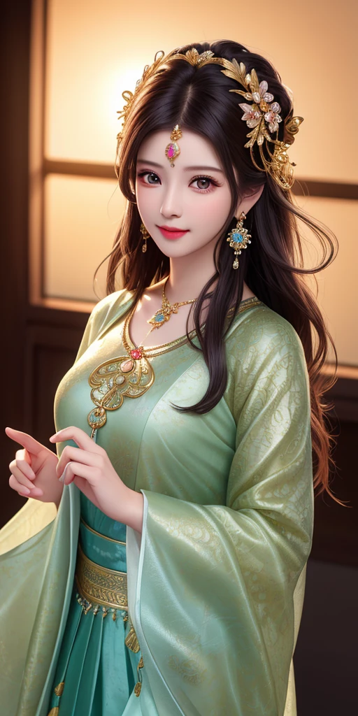 best quality, masterpiece, highres, 1girl, transparent silk batik dress, beautiful face, hair ornament, looking at viewer, smile, closed mouth,lips, dress,hair ornament, necklace, jewelry, long hair, earrings, Beautiful face,upon_body, tyndall effect,photorealistic, dark studio, rim lighting, two tone lighting,(high detailed skin:1.2), 8k uhd, dslr, soft lighting, high quality, volumetric lighting, candid, Photograph, high resolution, 4k, 8k, Bokeh