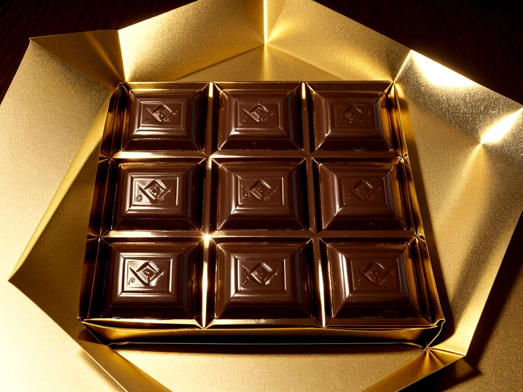 Depict a semi-opened chocolate bar revealing a golden ticket nestled within its folds. Capture the anticipation and delight of discovering this prized possession, with the chocolate's glossy texture and golden foil gleaming under soft lighting. Emphasize the contrast between the decadent chocolate and the shimmering allure of the ticket, inviting viewers into a world of sweet surprises and dreams fulfilled.